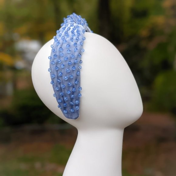 Cinderella Blue Beaded Knot Velvet Headband Blue Faceted Acrylic Beads Handmade